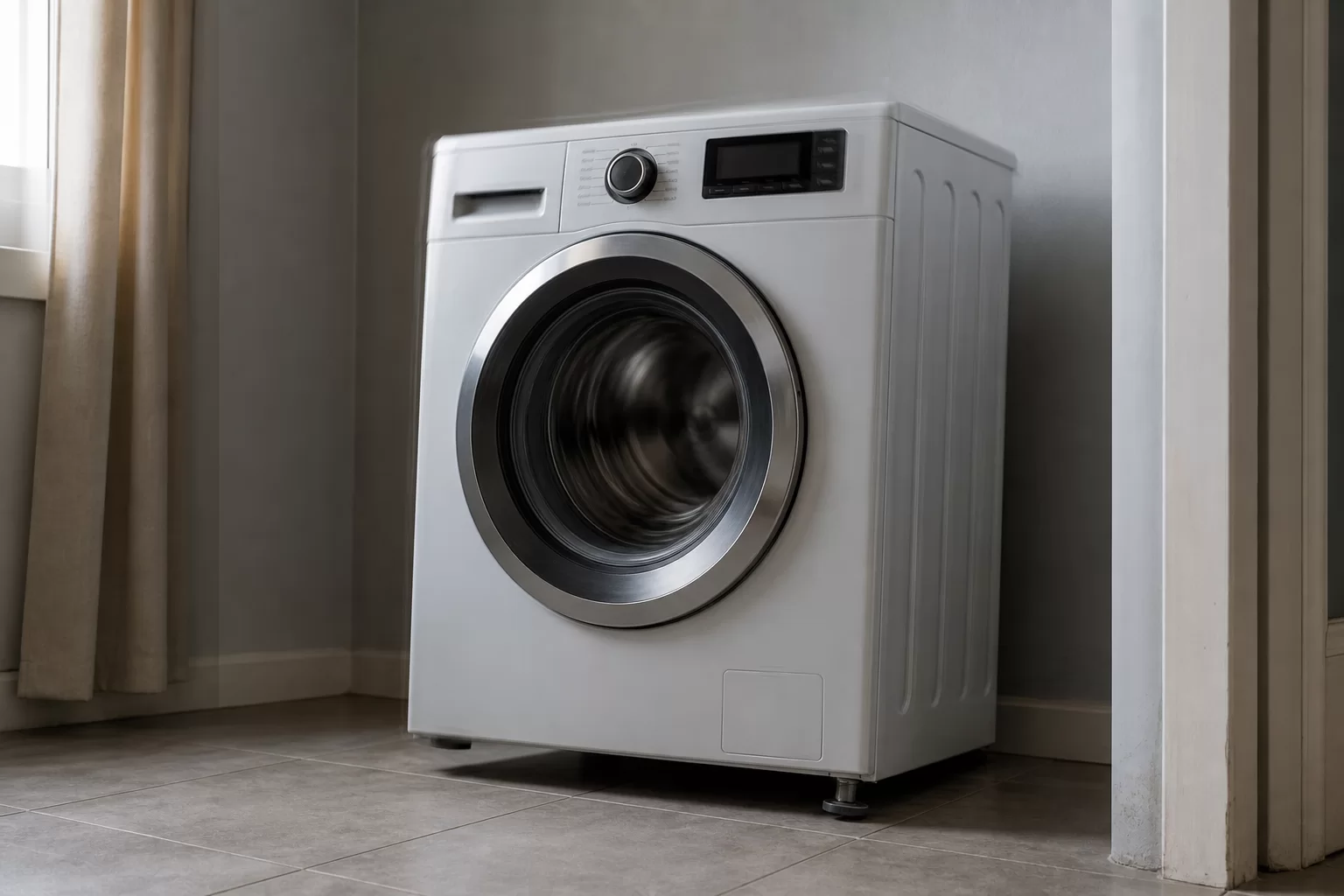 Sıkma sırasında zeminde sallanan ve dengesi kontrol edilmesi gereken çamaşır makinesi